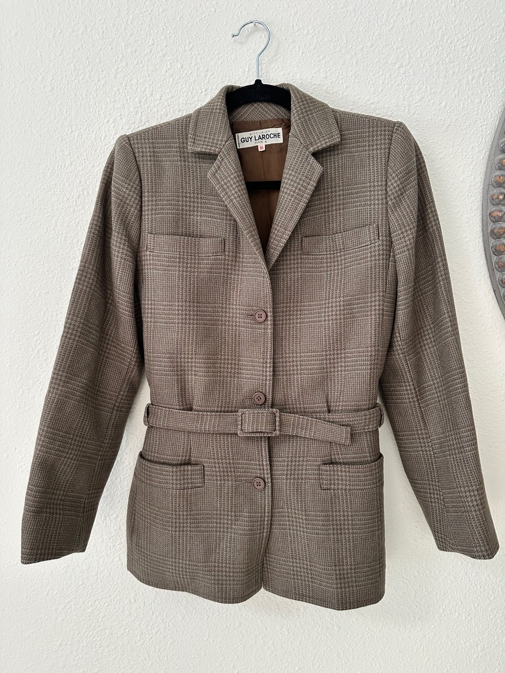 Guy Laroche Taupe Plaid Belted Wool Blazer Jacket